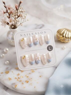 Luxury Pearl Press-On Nails in Pale Blue & Pearl